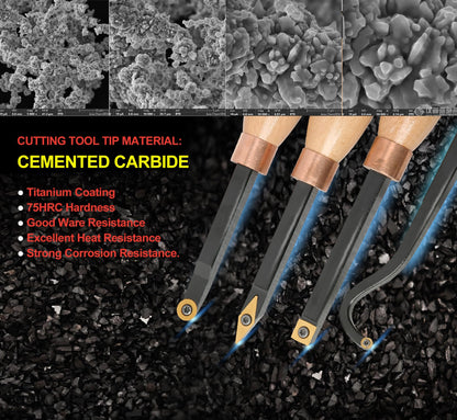 VINWOX 13.5" 4 PCS Carbide Wood Lathe Turning Tool Set, Pen Turning tool, Including Swan Neck Hollower, Rougher, Finisher, Detailer, Titanium Coated Carbide Blades 2X Service Life, Beech Wood Handle