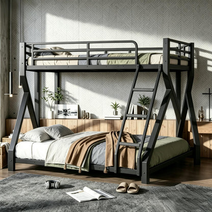 Bellemave Twin XL Over Queen Floor Bunk Bed with Ladders & Full Upgraded Support Slats, Metal Bunk Bed Frame for Kids Teens, Black