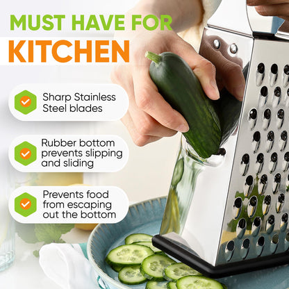 Spring Chef Professional Large Parmesan Cheese Grater, Stainless Steel Metal Box Grater with Handle, 4 Sided Handheld Kitchen Food Shredder for Cheese, Carrot, Veggie, Ginger, Potato - Dishwasher Safe