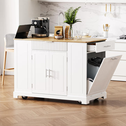 Ball & Cast Fluted Kitchen Island with Trash Can Storage Cabinet,Power Outlet,Internal Storage Rack,Rolling Kitchen Islands On 5 Wheels W/ 3 Drawer & 3 Open Side Racks for 10 Gallon Garbage Bin,White