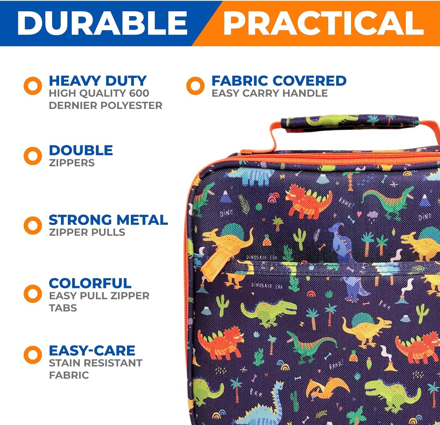 Dinosaur Lunch Box for Boys with Ice Pack, Insulated Bag for Toddlers Kids, BPA Free, Blue Orange Dino