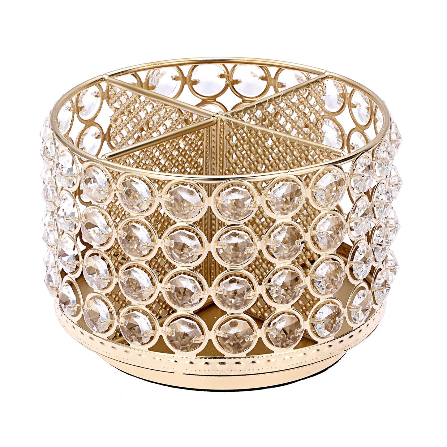 BTSKY Crystal 360 Degree Rotating Desk Organizer Decorative Storage Box with 4 Compartments, Glitter Metal Makeup Brush Holder Elegant Storage Caddy Home Decor Gift for Women, Round-4 Slots Gold