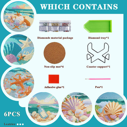 Leatrice Ocean Diamond Art Coasters Set of 6, Small Diamond Painting Kits for Adults Beginners Women, Gem Art Coasters with Holder, Funny Arts Supplies for Kitchen Decor