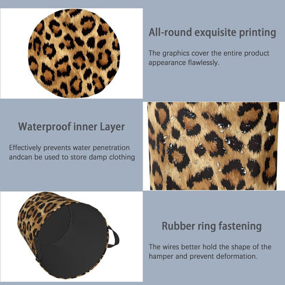 Brown Leopard Laundry Basket,Foldable with Handles Tote Bag Oxford Cloth for Bathroom Bedroom Dirty Clothes Storage Bucket 16" x 20.8"