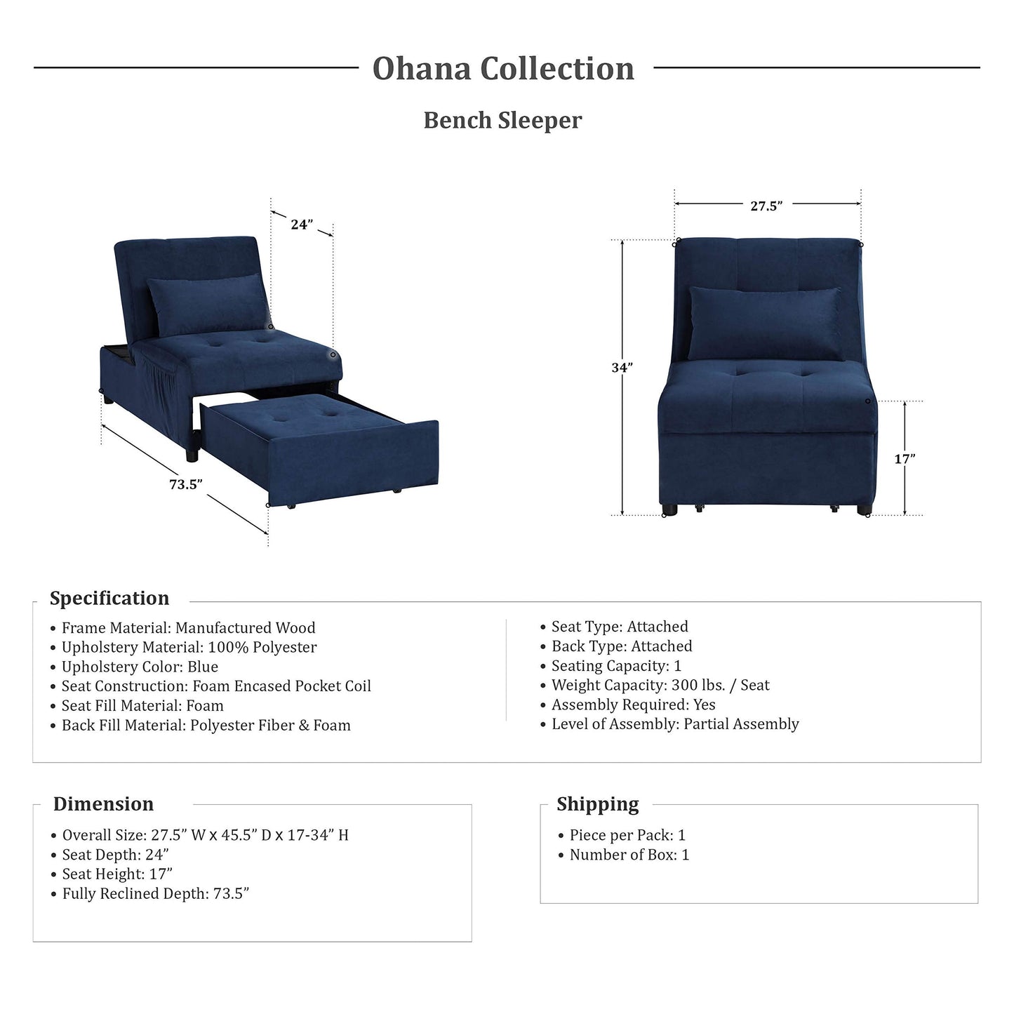Lexicon Ohana 4-in-1 Storage Ottoman Bench Sleeper Bed, Navy Blue
