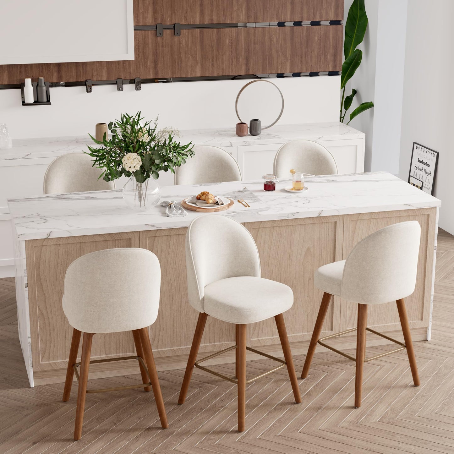 Daluvenix Modern Swivel Bar Stools Set of 3, Chic Upholstered Counter Height（26IN） Bar Chair with Back, Solid Wood Legs and Footrest, Comfortable Chenille Bar Stool for Kitchen Island, Cream White
