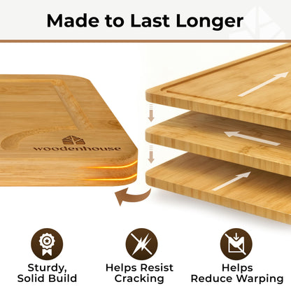 Set of 3 Bamboo Cutting Boards for Kitchen - Thick & Durable Wood Cutting Boards Set with Deep Juice Grooves & Build-in Handles, Large Surface, Easy to Clean – for Meat, Vegetables and Fruits