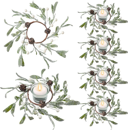 Skiennix Christmas Pillar Candle Rings - Frosted Mistletoe Wreaths with Pearl Accents | Set of 6 for Holiday Decor