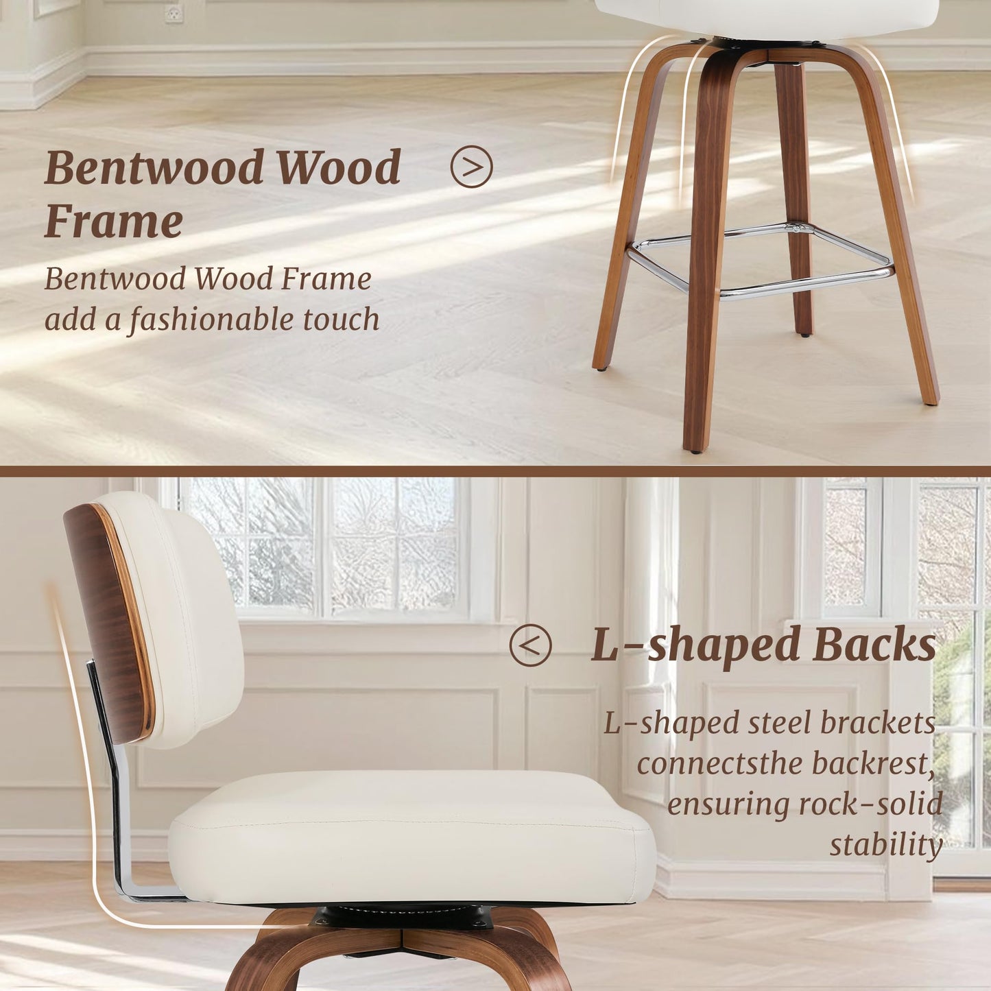 Cozyman Swivel Counter Height Bar Stools Set of 4, 26" Upholstered Seat Barstools with Back Walnut Wood Legs, Mid-Century PU Leather Bar Stools with Footrest for Island/Kitchen/Counter/Bar, White