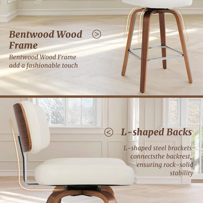 Cozyman Swivel Counter Height Bar Stools Set of 4, 26" Upholstered Seat Barstools with Back Walnut Wood Legs, Mid-Century PU Leather Bar Stools with Footrest for Island/Kitchen/Counter/Bar, White