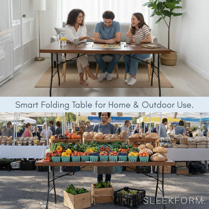 Sleekform 6ft Wooden Folding Table with Handle, Wood Folding Banquet Tables for Dinner - 6 Foot x 28 in, Portable, Sturdy & Lightweight Foldable Table for Dinner, Conference or Picnic - Walnut