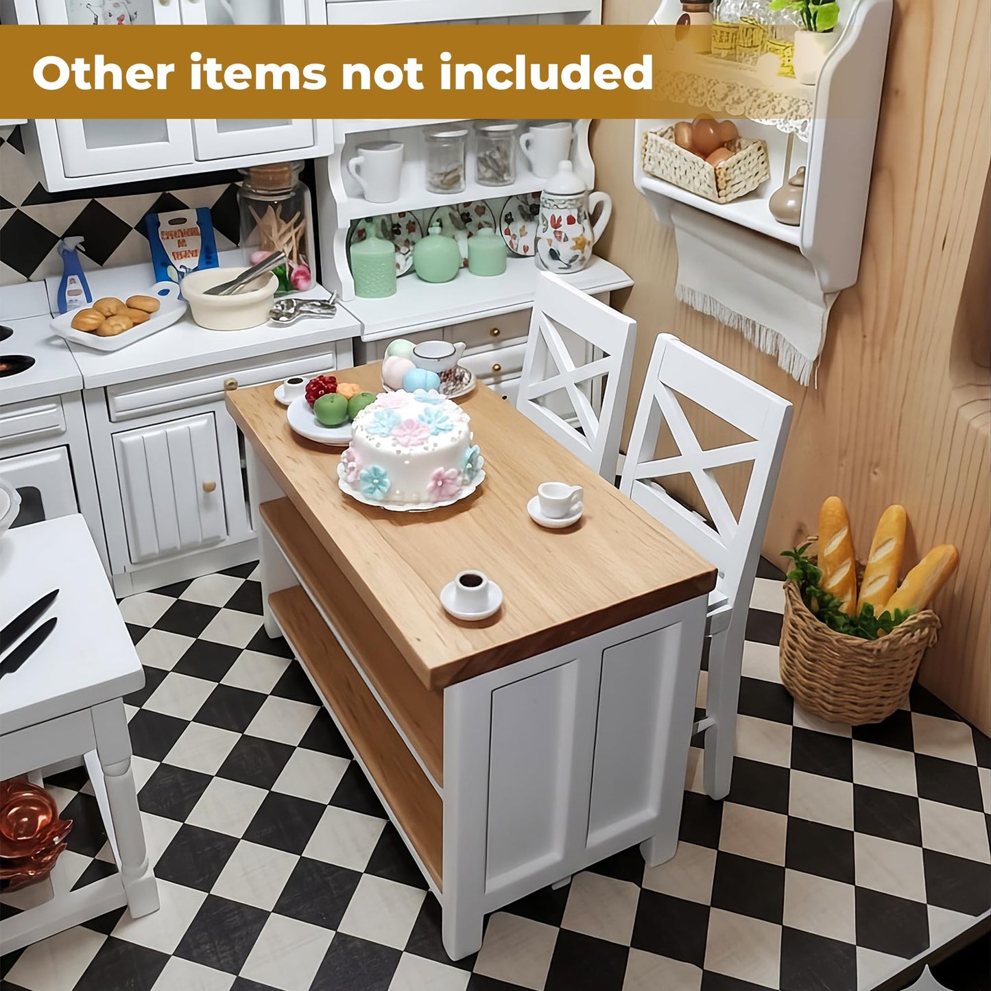 1/12 Dollhouse Kitchen Islands Dining Table Chairs Set – Miniature Kitchen with Stools, Modern Wood Furniture for Dollhouse Room Decor – Realistic Miniatures for Restaurant Bar Pub Barbie Crafts