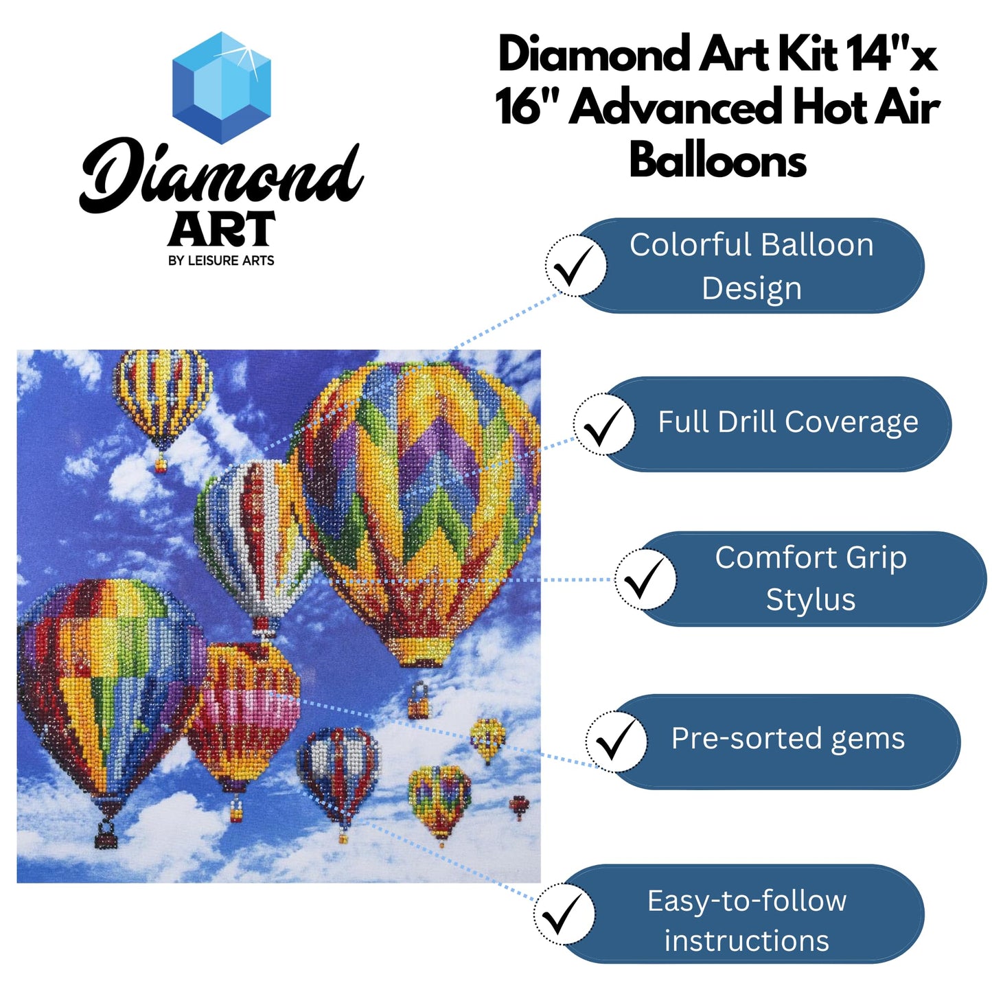 DIAMOND ART BY LEISURE ARTS Diamond Painting Kits for Adults 14"X16" Advanced Hot Air Balloons, Full Drill, Art Kits, Dimond Art, for Adults, Kit