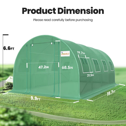 KING BIRD Premium 20x10x6.6FT Greenhouse for Outdoors, Large Walk-in Heavy Duty Galvanized Steel Frame, Mesh Door Screen Window Upgraded Zipper Tunnel Hoop for Garden Plant Winter, Green
