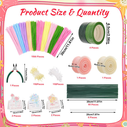 Ovveroche 1000 PCS Pipe Cleaners Craft, Pipe Cleaner Bulk Flower Kit with Handle, 7 Colors Chenille Stems Flower Making Kit with Floral Wires, Gardening Tape, Stamen, Ribbon for Art Craft Supplies