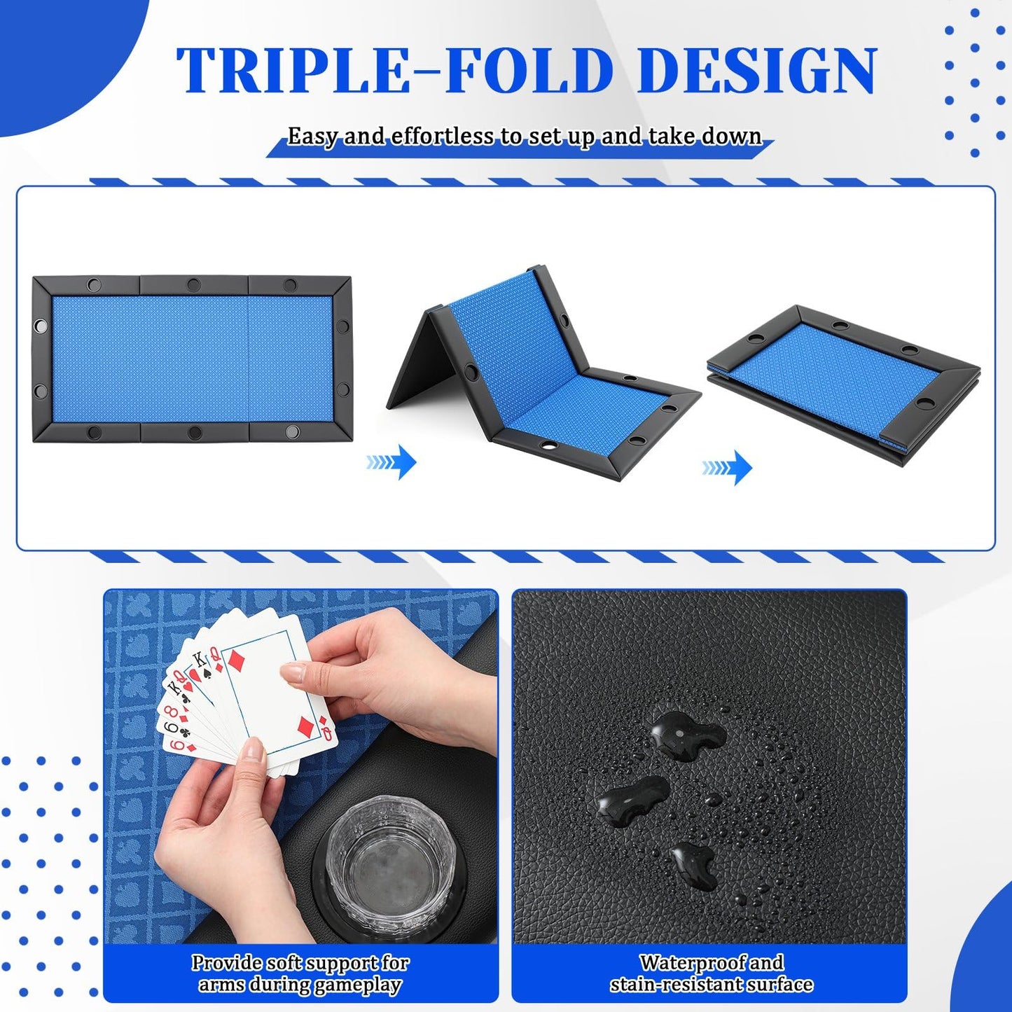 Hillsuren 86.2" x 43.5" Poker Table Tops for 8 Feet Pool Tables 10 Player Poker Table Game Billiard Pool Convertible Cover Mat Waterproof and Foldable, Blue
