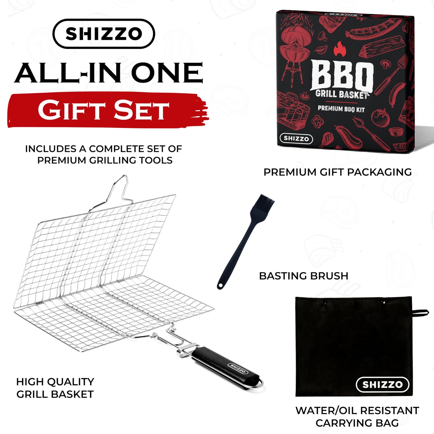 SHIZZO Shallow Grill Basket Set, Grilling Accessories Barbecue BBQ, Stainless Steel Folding Portable Outdoor Camping Rack for Fish, Shrimp, Vegetables, Cooking Accessories, Gift for Family, Freinds