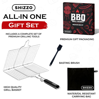 SHIZZO Shallow Grill Basket Set, Grilling Accessories Barbecue BBQ, Stainless Steel Folding Portable Outdoor Camping Rack for Fish, Shrimp, Vegetables, Cooking Accessories, Gift for Family, Freinds