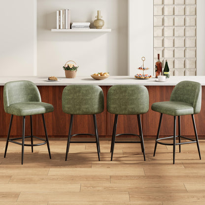 Garvee Bar Stools Set of 4, Leather Upholstered Barstools with Back & Arc Metal Footrest, 26" Modern Kitchen Island Stools with Thickened Metal Legs for Home Bar, Bistro & Dining Area, Green