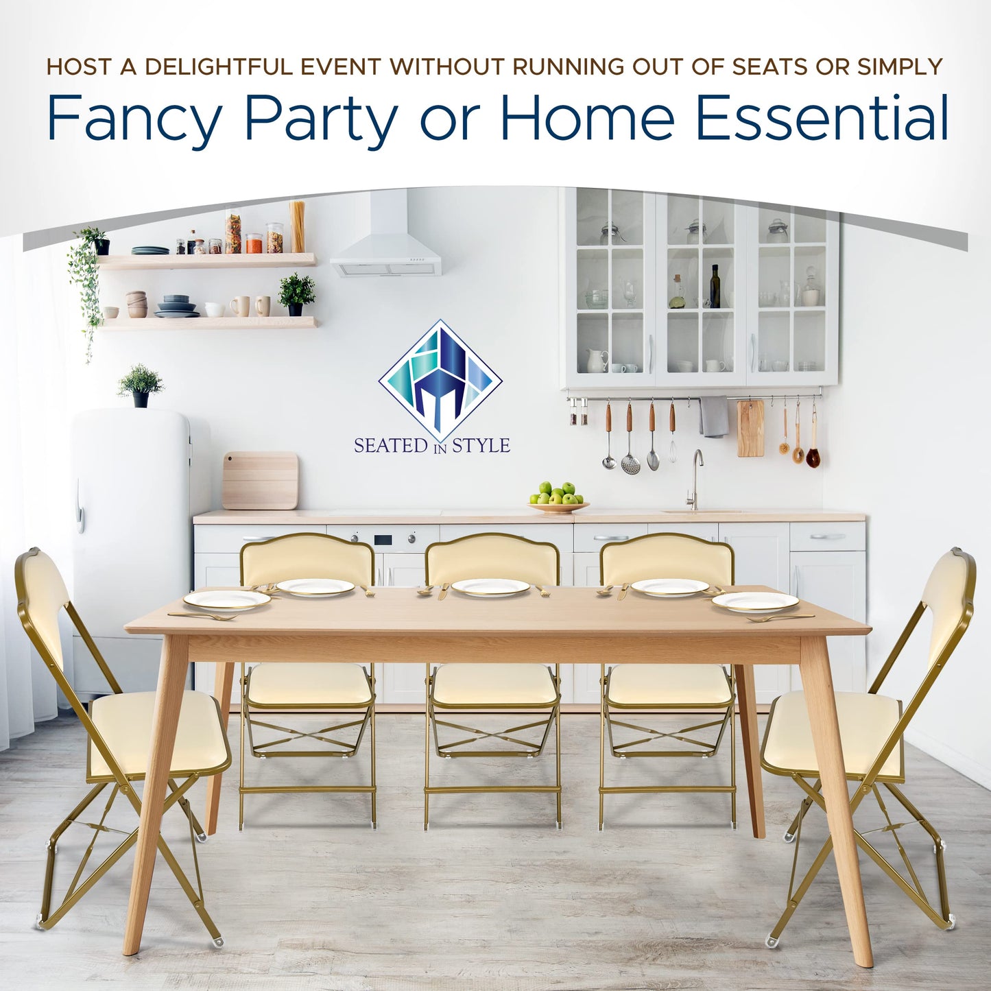 Premium Folding Chairs 4 Pack – Narrow 15” Seat, Padded Seat & Back – Folds Ultra Slim (~1 Inch) – Elegant Event Seating for Weddings, Parties & Dining Gold Frame Almond Vinyl