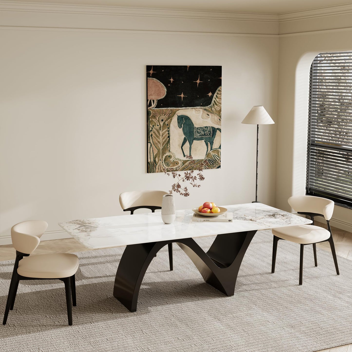86" Modern Rectangular Dining Table for 8-10, Glossy Kitchen Table with Glossy White Glossy Sintered Stone Tabletop, and Black Stainless Steel Base (Table Only)