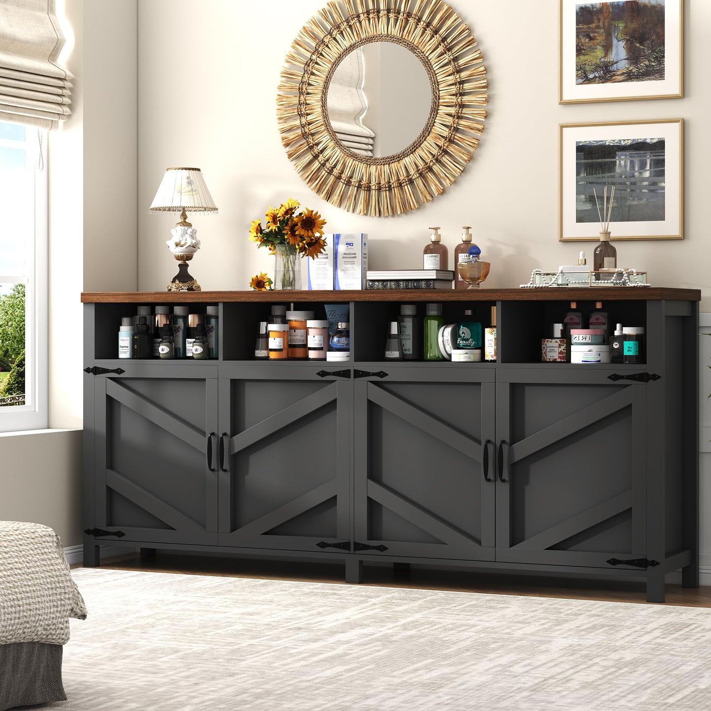 knoworld 63'' Buffet Sideboard with Storage Farmhouse with 4 Doors, Large Kitchen Storage Cabinet Wood Coffee Bar Cabinet Buffet Table with Shelves for Kitchen, Dining Room, Entryway