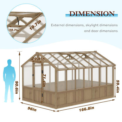 Yardenaler 8x14 FT Outdoor Greenhouse Kit, Wooden Greenhouses for Outdoors Walk-in Green House with 6MM Thick Polycarbonate Panel & Adjustable Roof Vents, Backyard Garden, Light Mocha Brown