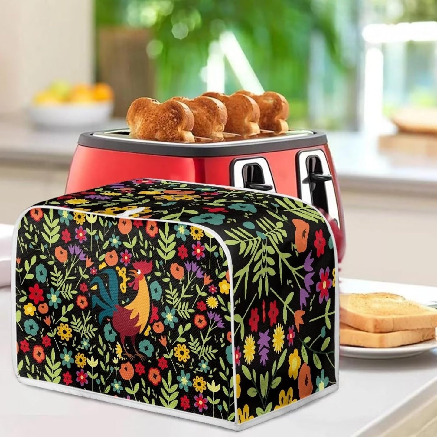 ZDCUSTOM Floral Rooster Toaster Cover for 2 Slice Small Appliance, Washable Anti-Scratch Dustproof Kitchen Cover
