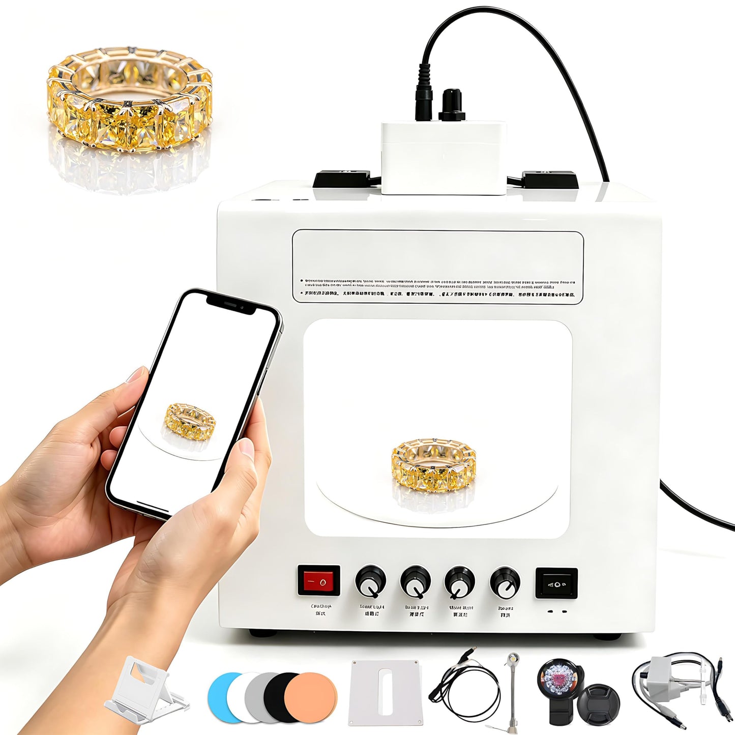 QIUNAOZI Jewelry Hanging Photography Kit, Jewelry Photo Light Box, with 360° Electric Rotating Feature, Turntable Diameter 11/15cm, Support Jewelry Hanging or Placing Black-TB20