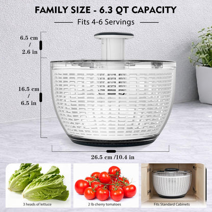 Ourokhome 6.3 QT Salad Spinner with Fully Removable Lid, Large Lettuce Dryer with One-Hand Press Pump, Instant Stop Brake Button and Retractable Handle, Vegetable Washer & Spinner for Greens and Herbs