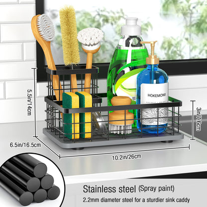 HOKEMOM Kitchen Sink Caddy Organizer, [Stay-Dry Anywhere & No Drainage Needed] Sponge Holder for Kitchen Sink Countertop,Stainless Steel with Rust-Resistant Coating-10.24" L x 6.5" W x 5.83" H