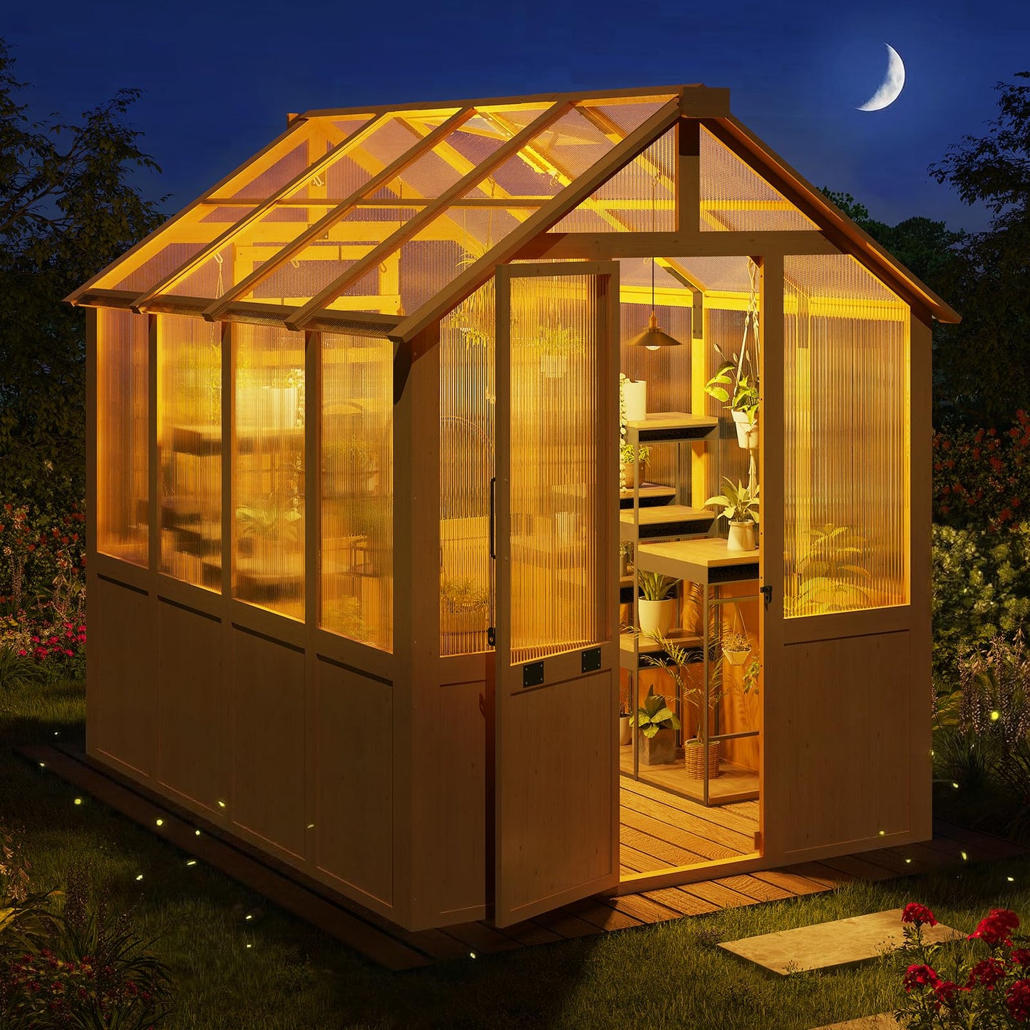 EROMMY 6x8 FT Wooden Greenhouse for Outdoors, Walk-in Greenhouse Kit with 4mm Polycarbonate Panels, Adjustable Roof Vent, Lockable Door, Outdoor Greenhouse for Backyard Garden