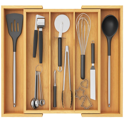 Lifewit Utensil Organizer for Kitchen Drawer, Expandable 13 to 22.4 Inches Wide, Adjustable Cooking Silverware Tray, Bamboo Cutlery Flatware Holder, Spatula Tools and Gadgets Storage Divider, Natural