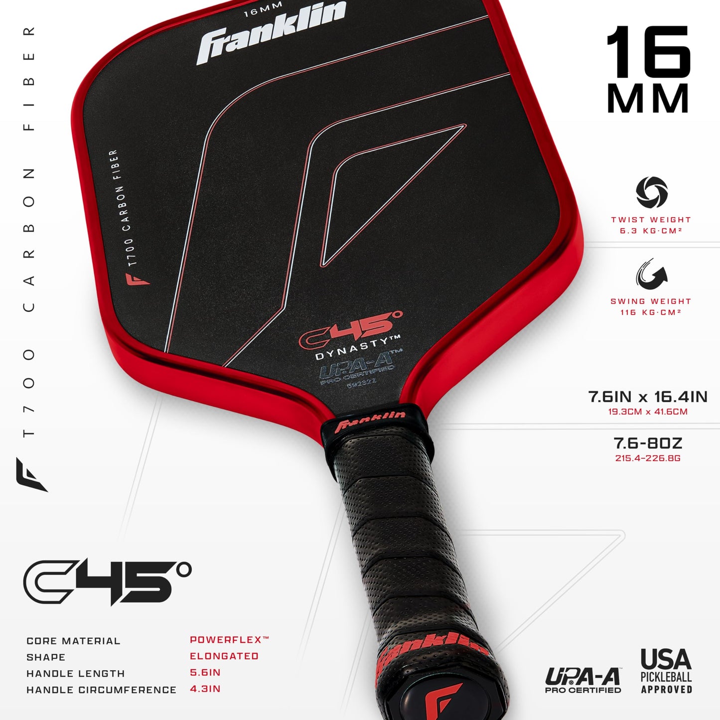 Franklin Sports PRO Pickleball Paddles – C45 Carbon Fiber Series - Official USAP + UPA Approved – Pro Player Design, Dynasty 16MM RED