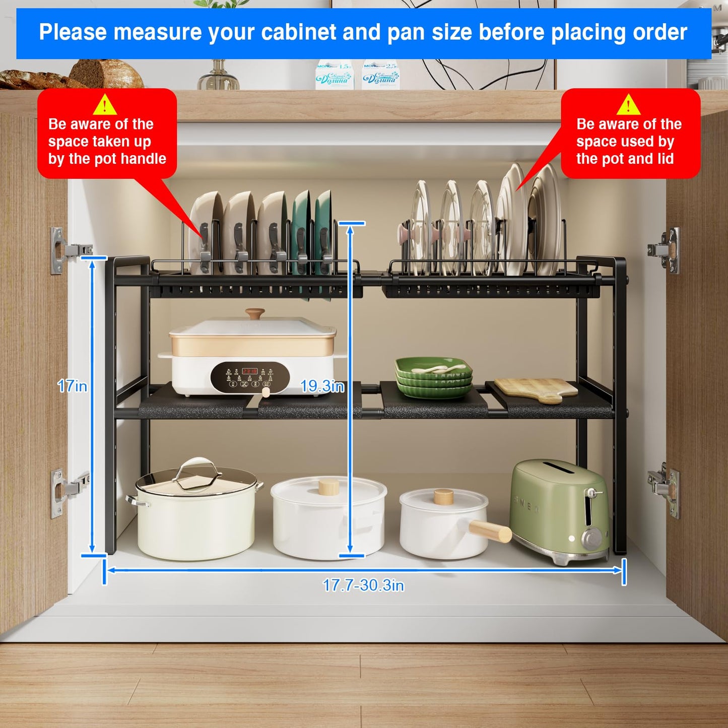 Mustorn Pots and Pans Organizer Under Cabinet, Expandable 2 Tier Under Sink Organizers and Storage Adjustable Height Kitchen Pot and Pan Lid Holder Rack with 12 Dividers Under Cabinet Shelf(Black)