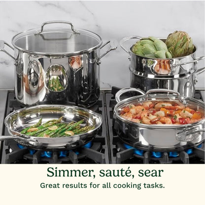 Cuisinart Chef’s Classic 11-Piece Stainless Steel Pots and Pans Set, Cookware Set Compatible with Induction, Electric, Gas Cooktops, Aluminum Core for Even Heat, Cool Grip Handles, Dishwasher Safe
