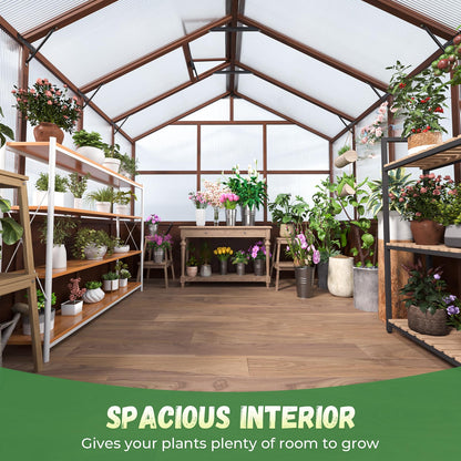 Jocoevol 8x10FT Greenhouse for Outdoors, Wooden Frame Polycarbonate Green House w/ Adjustable Roof Vent and Lockable Door Handle, Walk-in Greenhouses for Outside Garden Backyard