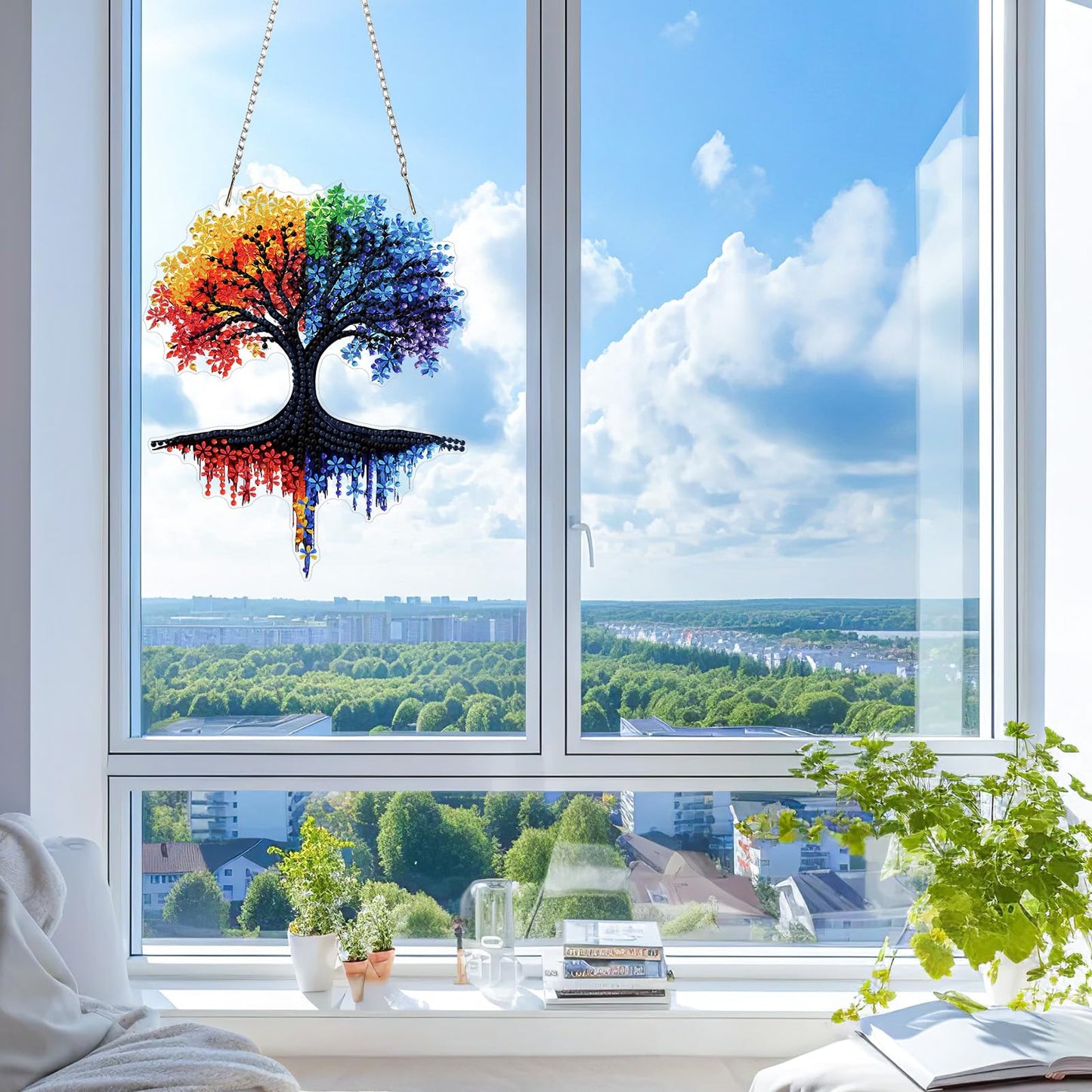 KEYIFA Tree of Life Diamond Art Hanging Kits with Chain, Special Shaped Drill Diamond Painting Pendant, Abstract Crystal Gem Art Pendant 5D Window Crafts for Wall Garden Door Decor, Width 7.9inch