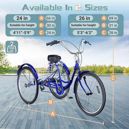 Brightpeak 7 Speed Adult Tricycle, 26 inch 3 Wheel Bike with Large Basket for Women Men Seniors, Cruiser Trike for Outdoor, Shopping, Picnic, Recreation (Blue)