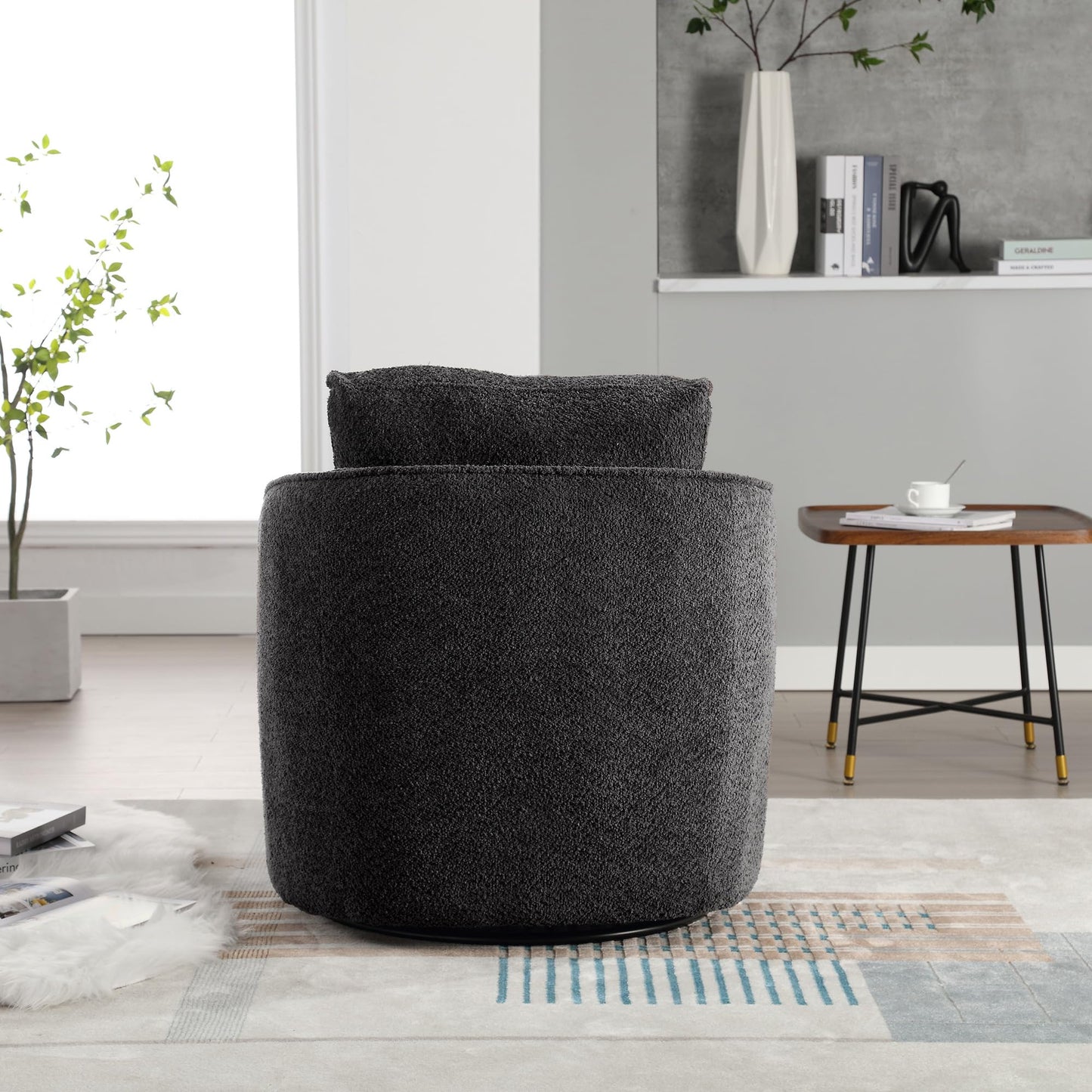 30.3" Boucle Swivel Barrel Chair, 360° Rotation Modern Round Accent Chair, Upholstered Club Armchair with Curved Back and Metal Base, Comfy Lounge Seat for Living Room Bedroom Office, Charcoal