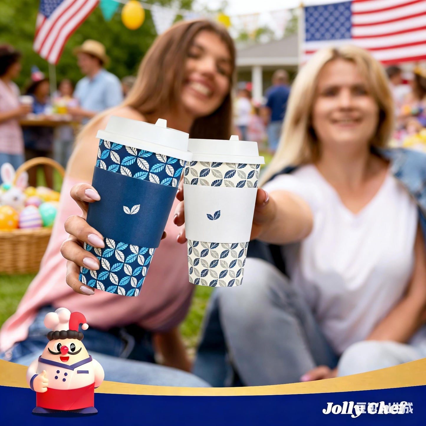JOLLY CHEF 16 oz Coffee Cups with Lids 100 Pack, Disposable Hot Paper Coffee Cups with Lids, Sleeves and Stirrers for Christmas, Thanksgiving, Party