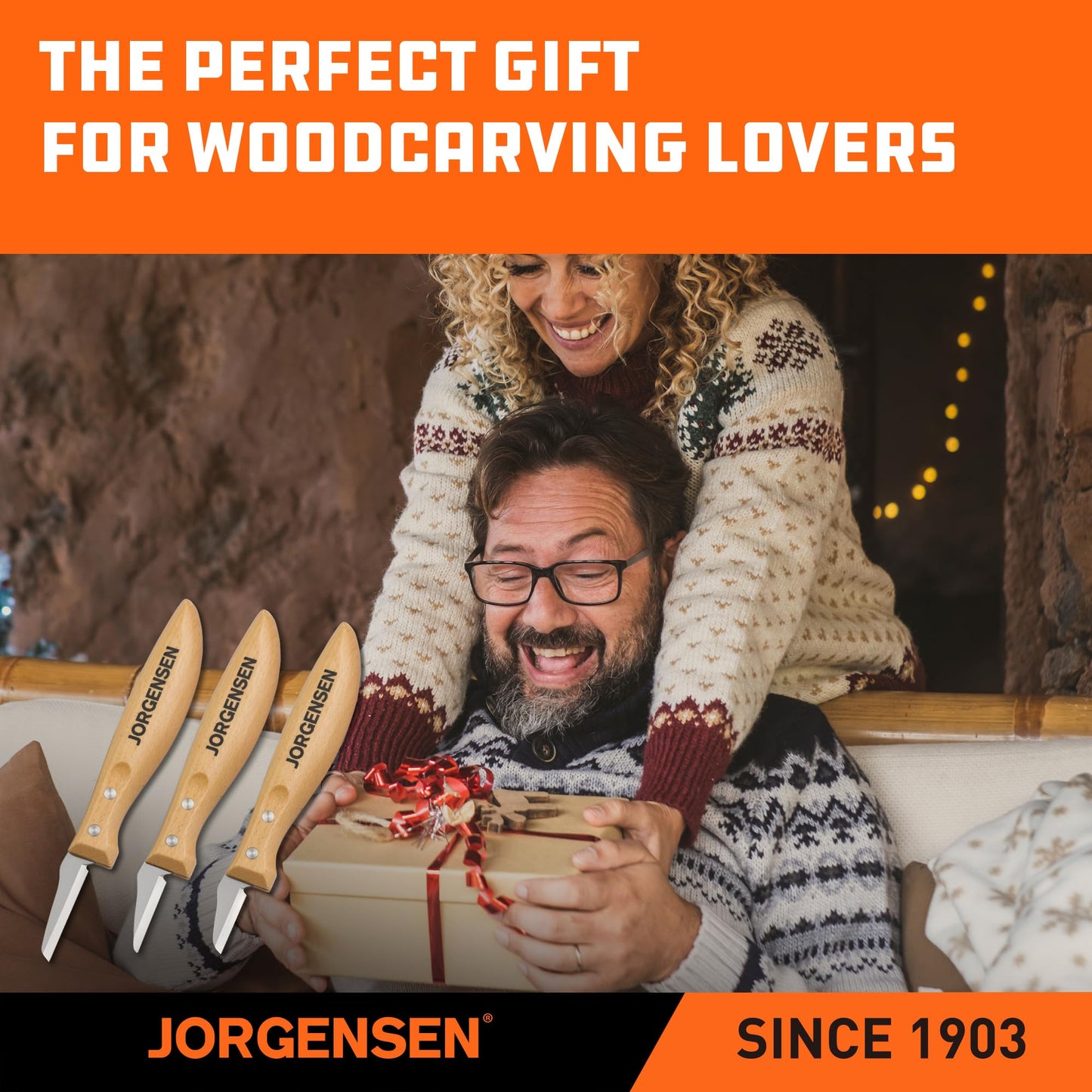 Jorgensen 3-Piece Wood Carving Tools, Stainless Steel Whittling Knife Set with Canvas Pouch, Protective Blade Cover, Ergonomic Curved Handle - Professional Wood Carving Kit for Beginners