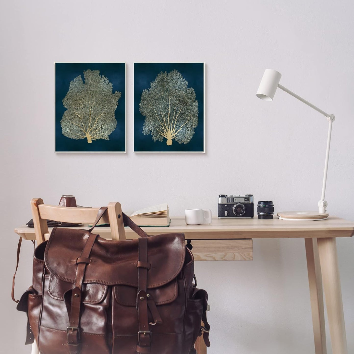 Stupell Industries Modern Sea Fan Composition Wall Plaque, Blue Gold Ocean Plant Decor, Green