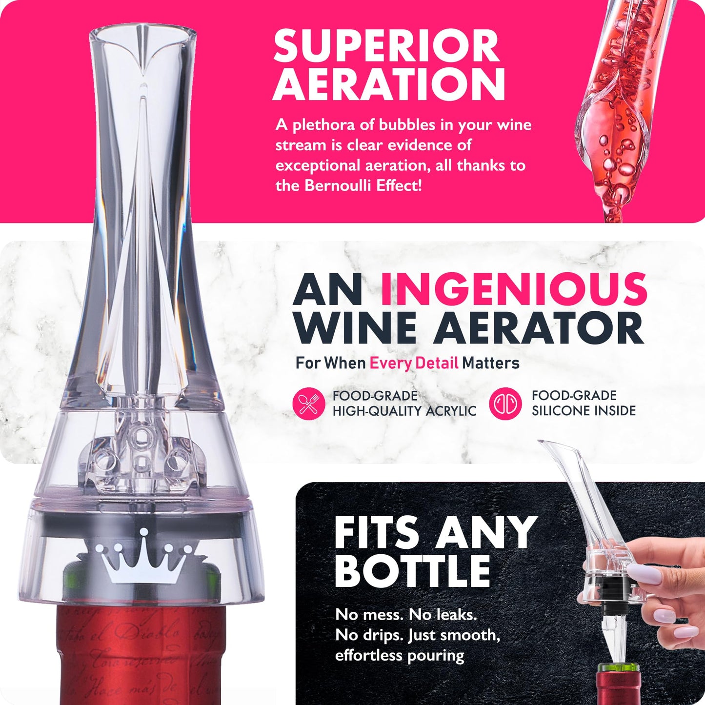 VINABON Wine Aerator Pourer Spout – Updated 2026 Professional Wine Aerator for Superior Flavor, Enhanced Bouquet & Rich, Smooth Finish. No-Leak, No-Drip, Spill-Free Design. Includes Wine Guide eBook