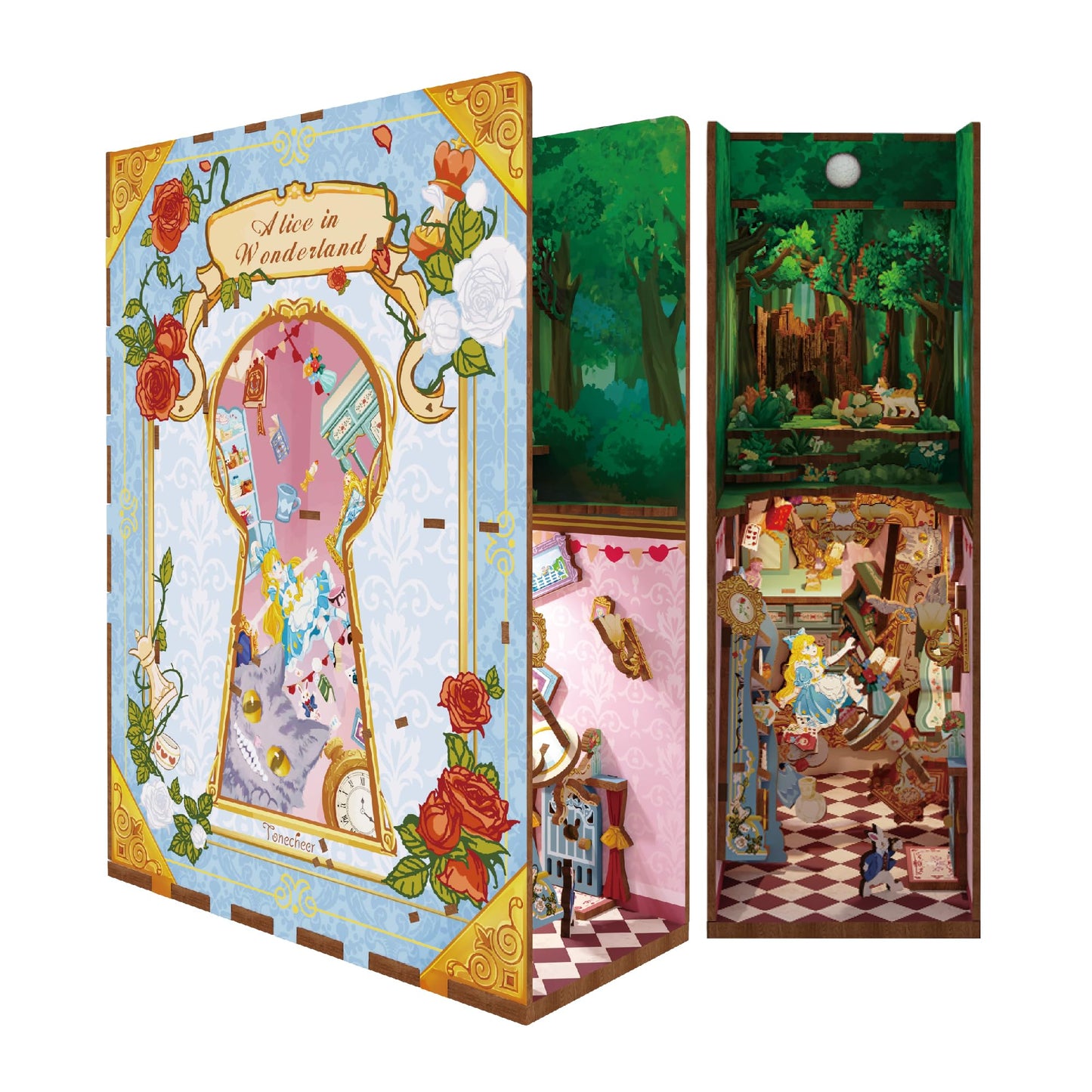 Tonecheer DIY Book Nook Kit for Adults,3D Wooden Puzzle Bookend Bookshelf Insert Library Decor, Booknook Miniature House Kit with Body Motion Sensor LED Light (Alice in Wonderland)