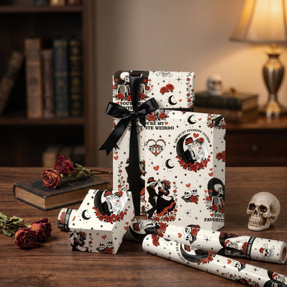Joviwrap Gothic Anniversary Wrapping Paper Roll, Skull Couple Romantic Wrapping Paper, Black Red Skeleton Rose Present Packaging for Goth Weirdo Lovers Birthday Wedding Halloween, 17 In x 16.4 Ft