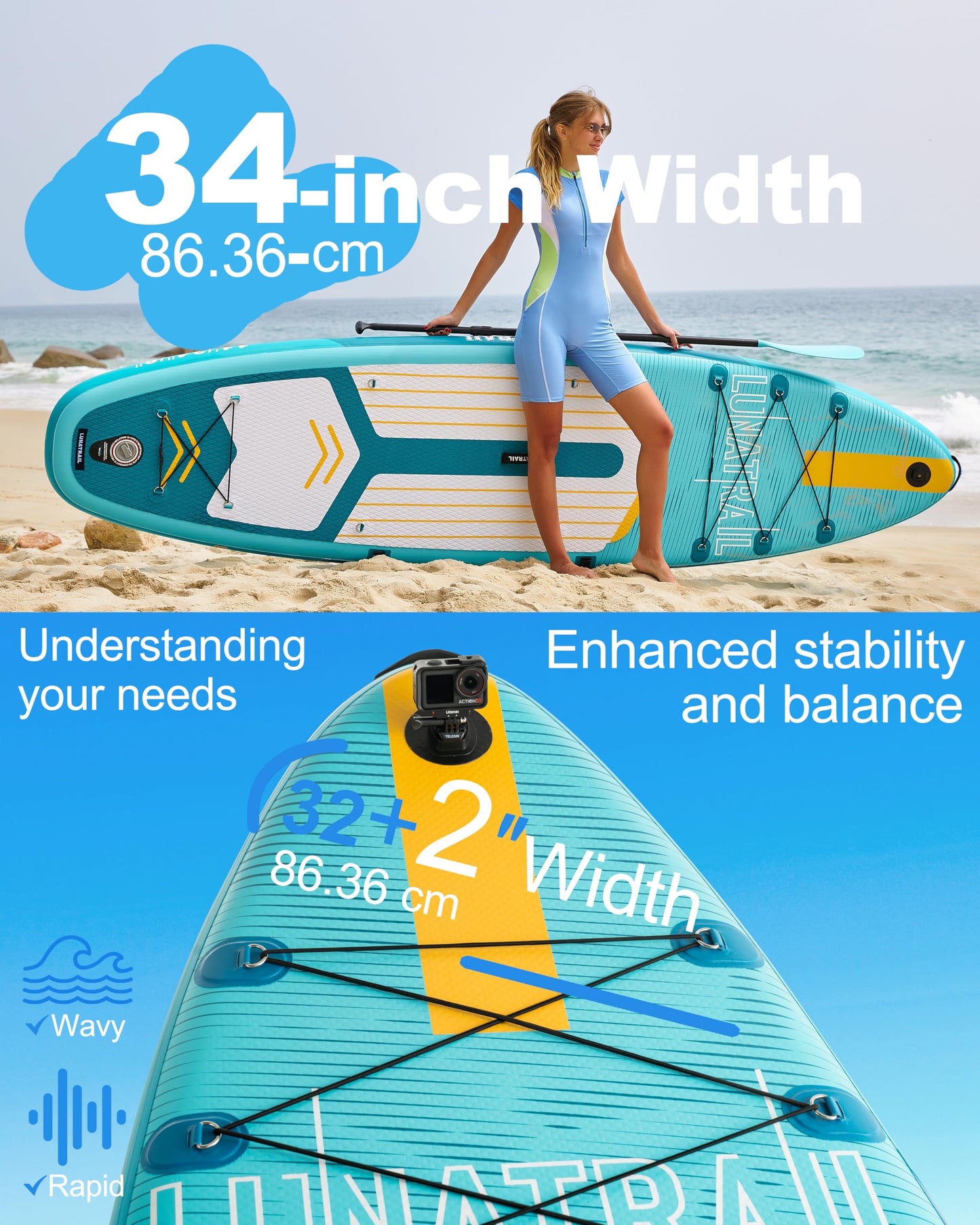 【11'×34"】 Extra Long/Extra Wide Premium Inflatable Stand Up Paddle Board (SUP) – Portable & Lightweight for Yoga, Surfing | Complete Kit with Paddle, Pump, Bag | Durable Design (Light Blue)