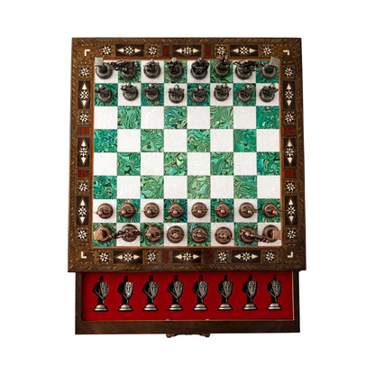 15'' Wooden Chess Set with Metal Chess Pieces – Handmade Storage Chess Board & British Metal Pieces – Elegant Chess Gift for All Ages – Gift for Him (Green)