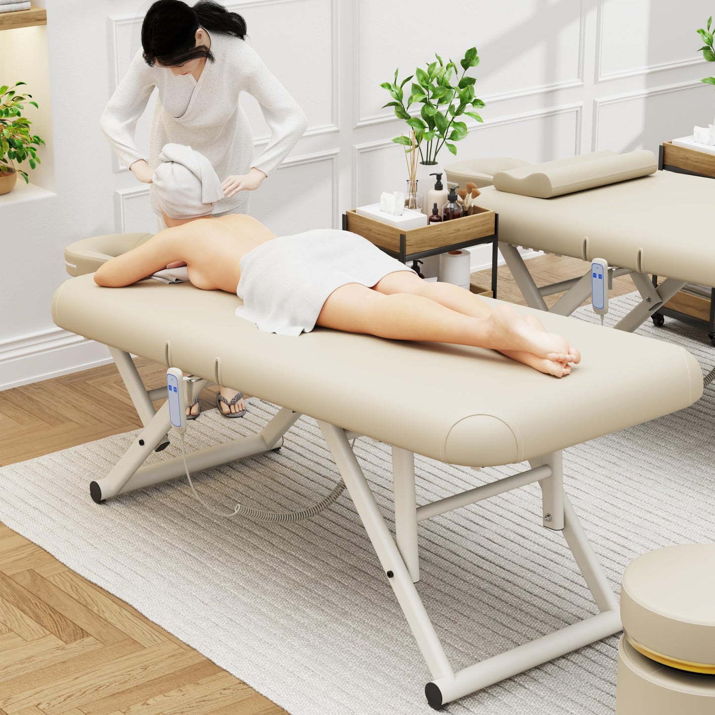 Height Adjustable Massage Table with Face Pillow & Headrest for Treatment Table, Physical Therapy Table, Spa Facial Professional Massage Bed - Adjustable Backrest, Electric Leg Lifting, Beige Gray