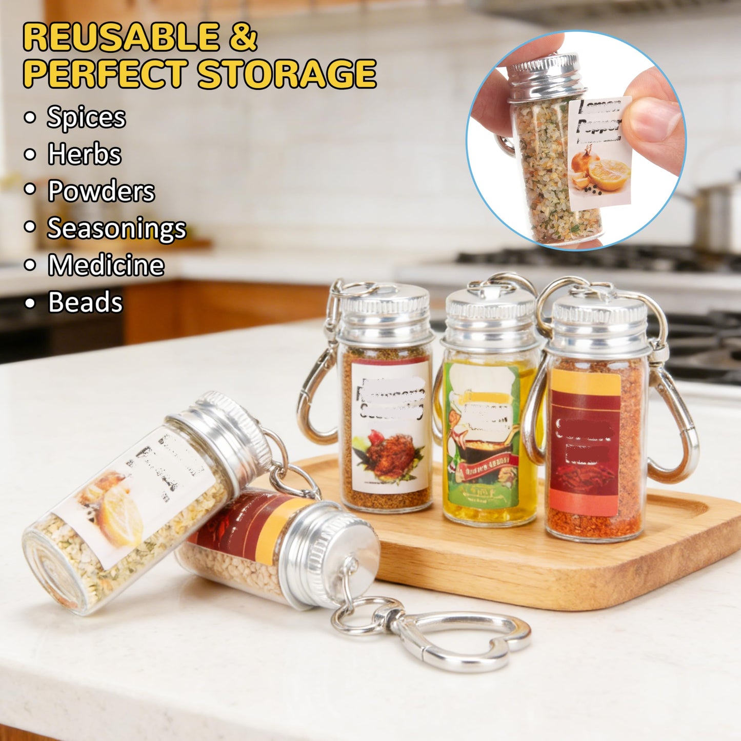 FANTOVO Mini Seasoning Keychain Bottle Set, 6 Pcs Empty Spice Jar with Mini Funnels & DIY Stickers of 30 Styles, On-the-Go Airtight Keychain Holders for Travel, Outdoors, Lunchboxes, Camping, 6+2+4 Total.